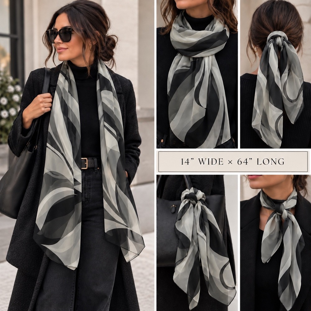 Lightweight Sheer Scarf Black Grey Abstract Swirl Print Handbag Scarf Chic